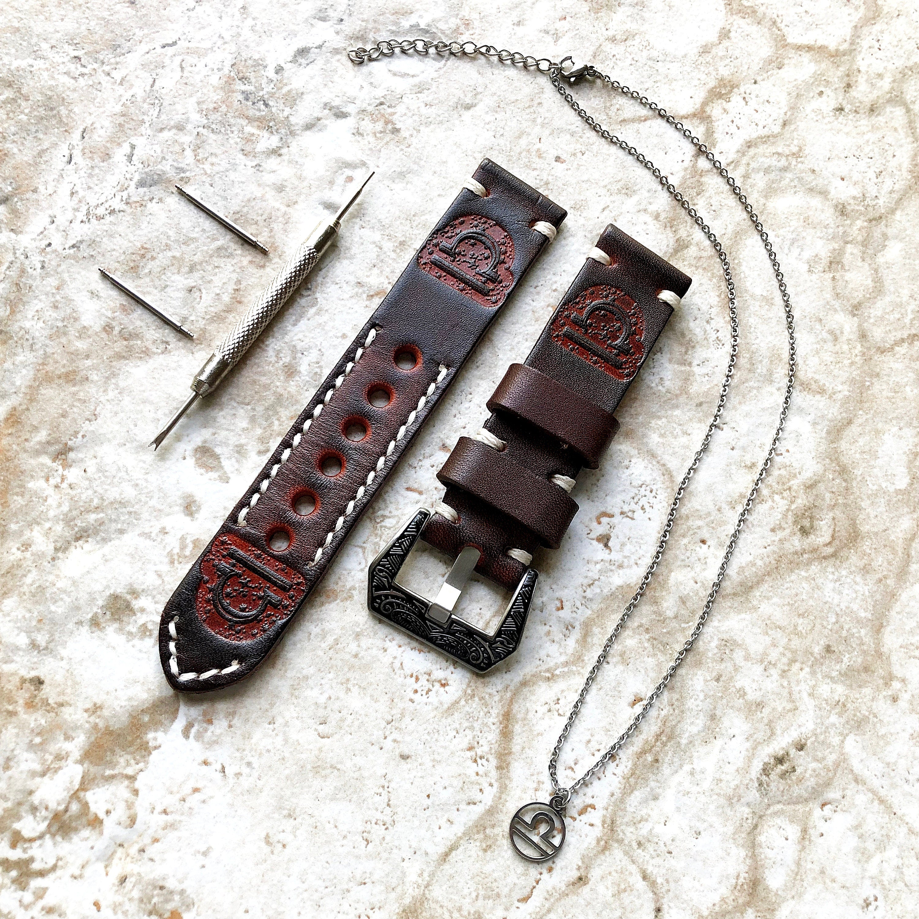 Libra Zodiac Band 22mm 24mm 25mm Genuine Brown Leather Tooled Embossed Handmade Strap Bracelet Kit for Watches and 25" Pendants Necklace